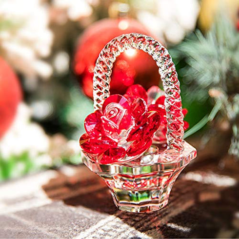 Crystal Red Rose Flower Basket Crystal Collectible Figurines Ornaments for Home Decor